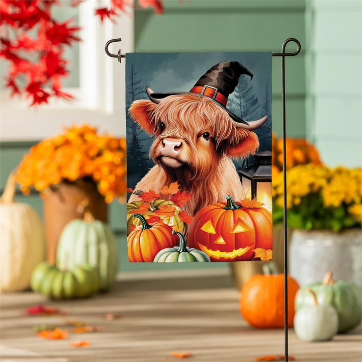 Highland Cow garden flag specification showing 12 by 18 inches