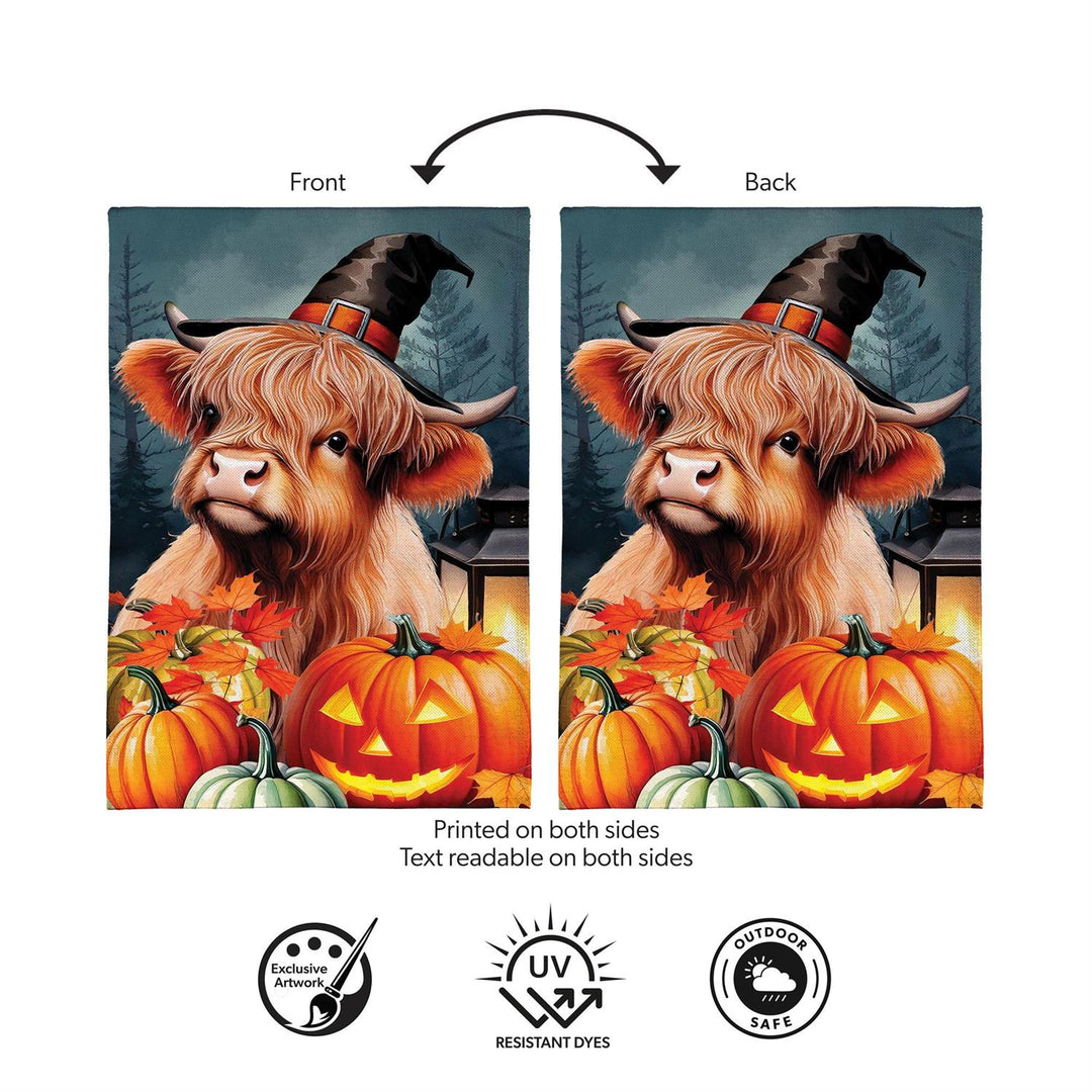 Highland Cow garden flag construction with 2-inch sleeve and polyester weave