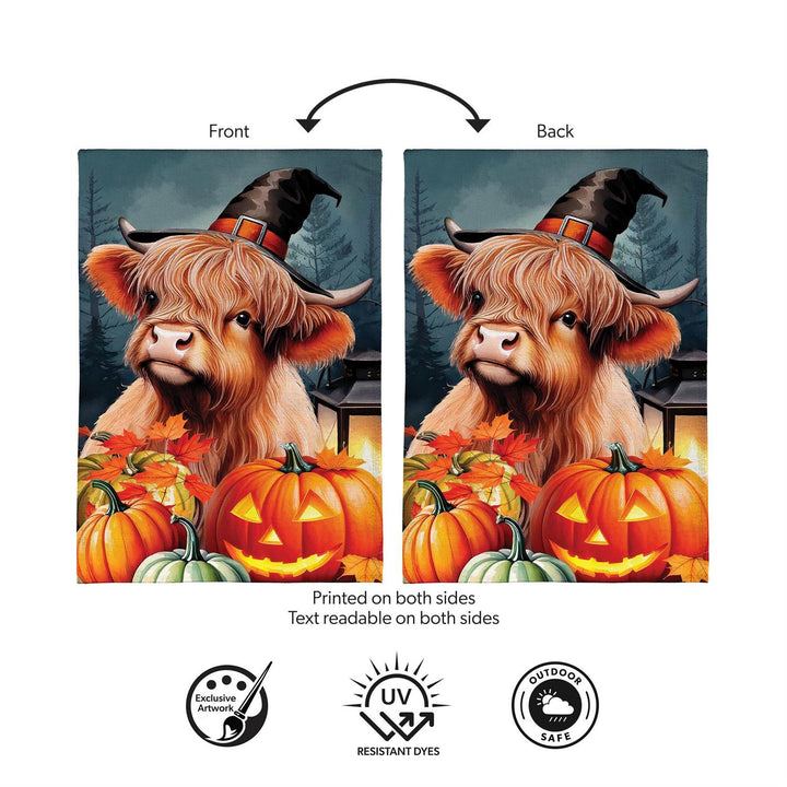 Highland Cow garden flag construction with 2-inch sleeve and polyester weave