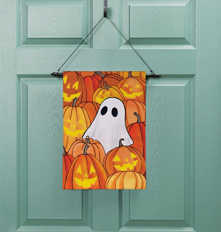 Front and back of two-sided Halloween Pumpkin Patch Ghost garden flag