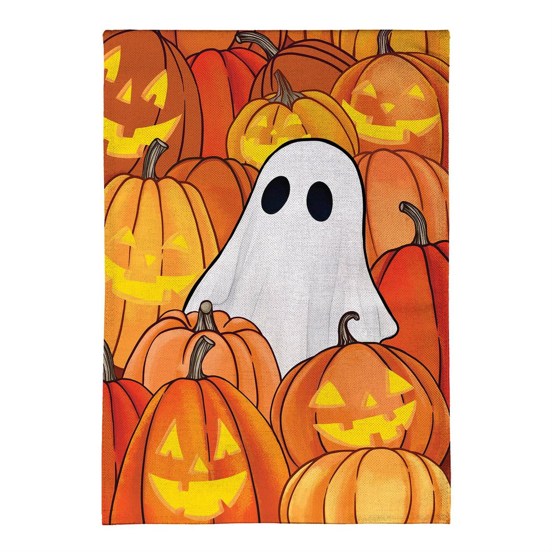 Close-up of white ghost and pumpkin artwork on textured polyester burlap flag