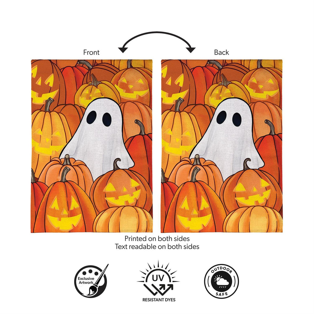 Pumpkin Patch Ghost garden flag specification image showing 12-inch width, 18-inch length and UV-resistant dyes