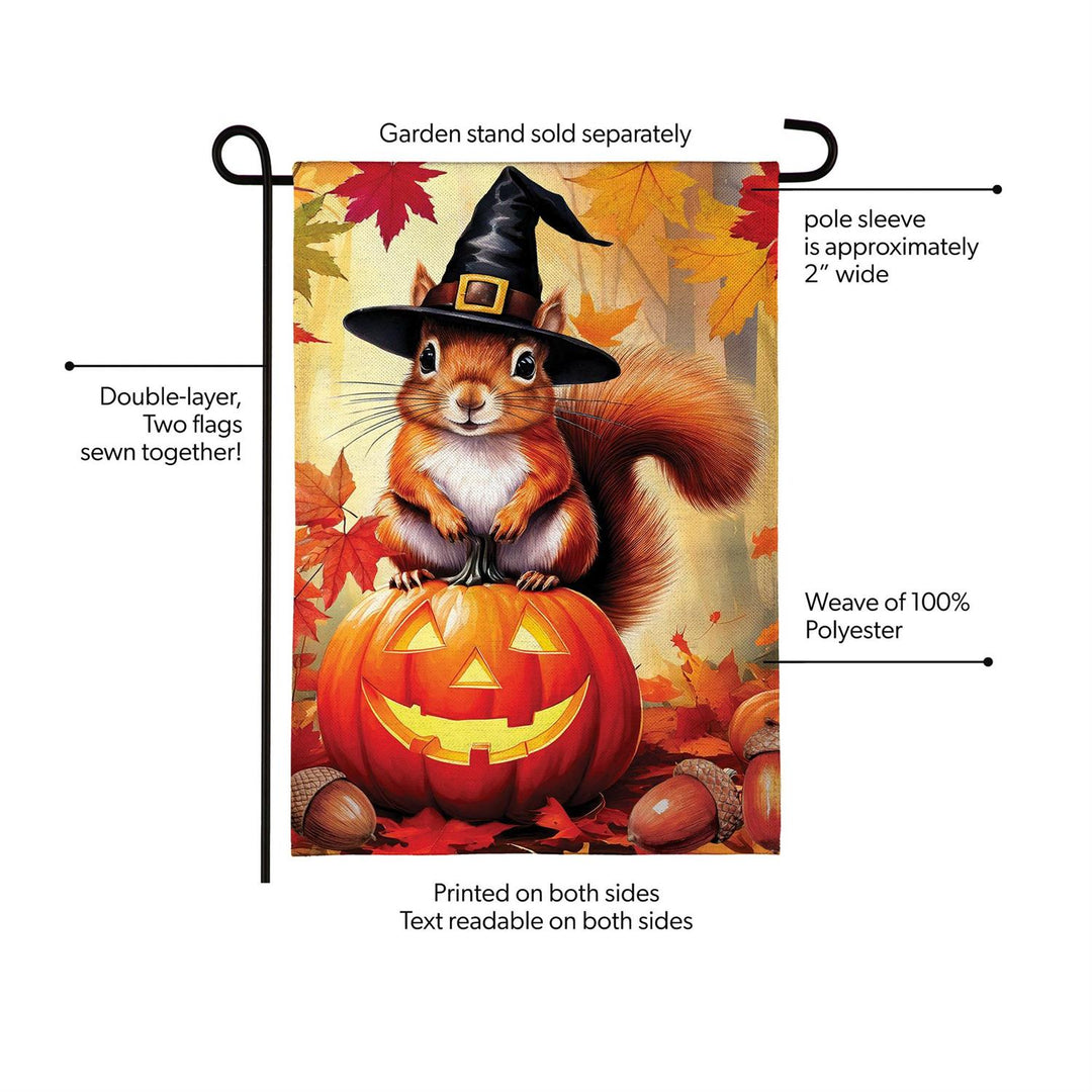 Close-up of squirrel wearing a witch hat on burlap-style Halloween garden flag