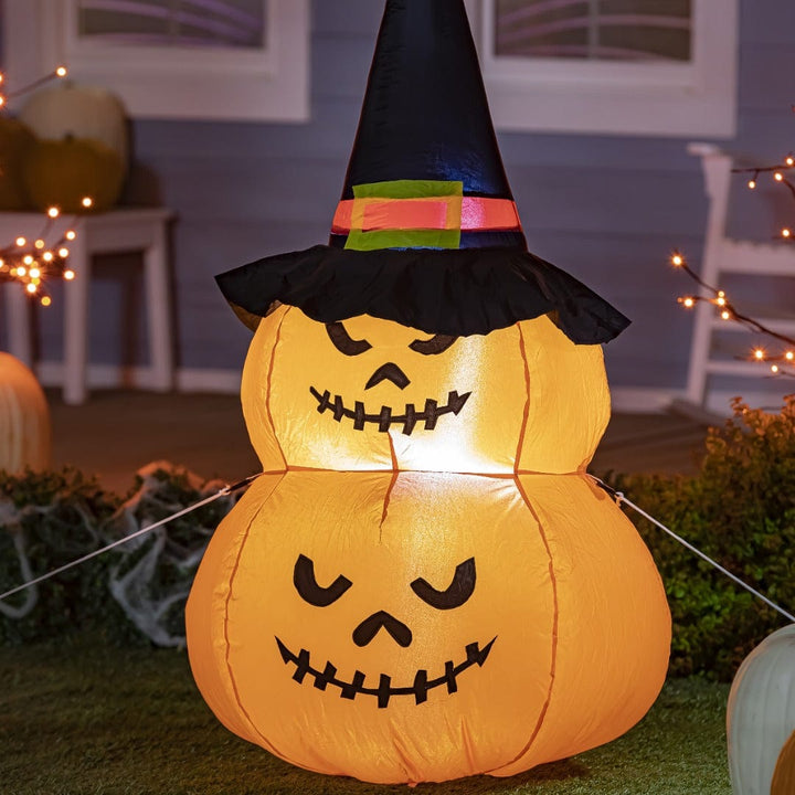 Halloween Stacked Jack-O-Lanterns With Witch Hat Inflatable 4 Feet Tall heartlandflags