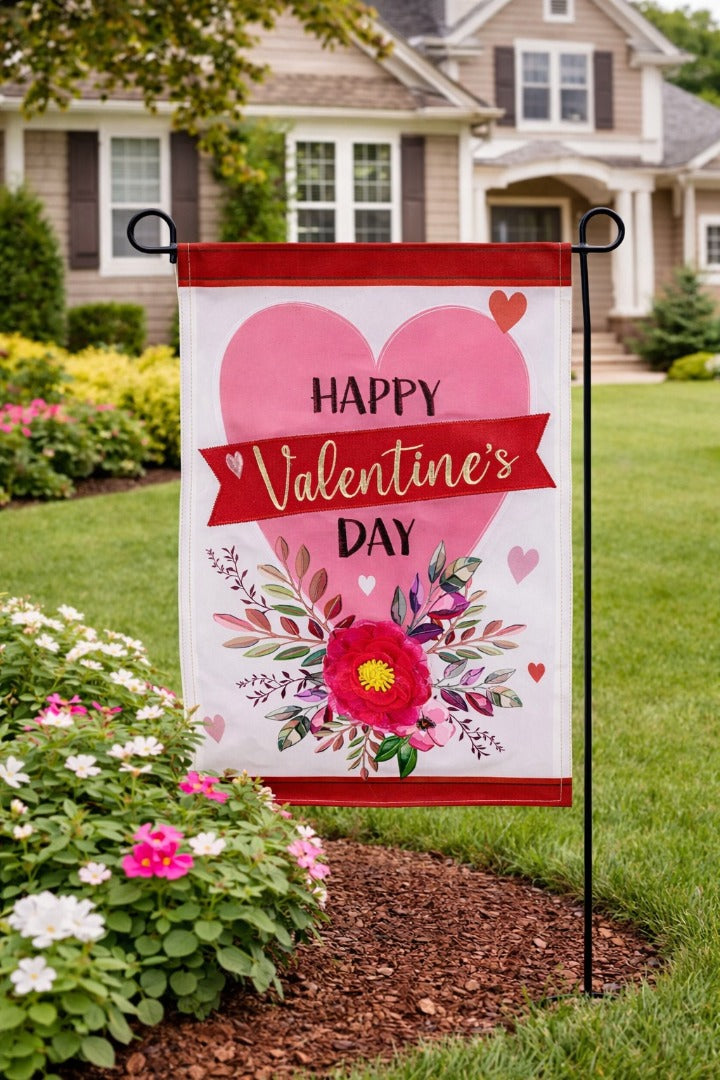 Happy Valentine's Day Heart and Floral 2 Sided Garden Flag heartlandflags