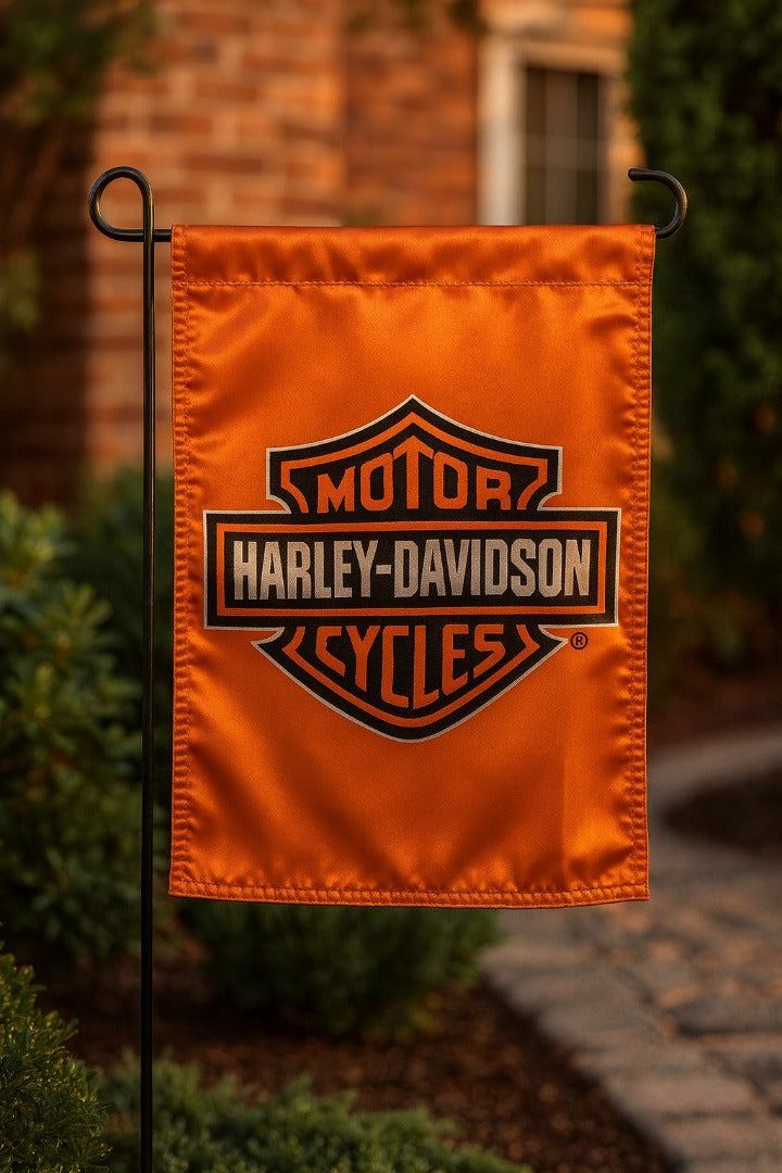Harley Davidson Orange Garden Flag 2 Sided Logo heartlandflags