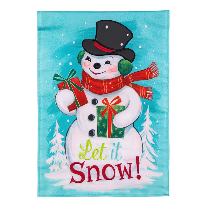 Front view of Let it Snow snowman garden flag on stand