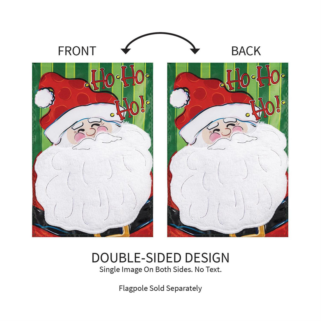 Front and back views of the double-sided Ho Ho Ho Santa garden flag