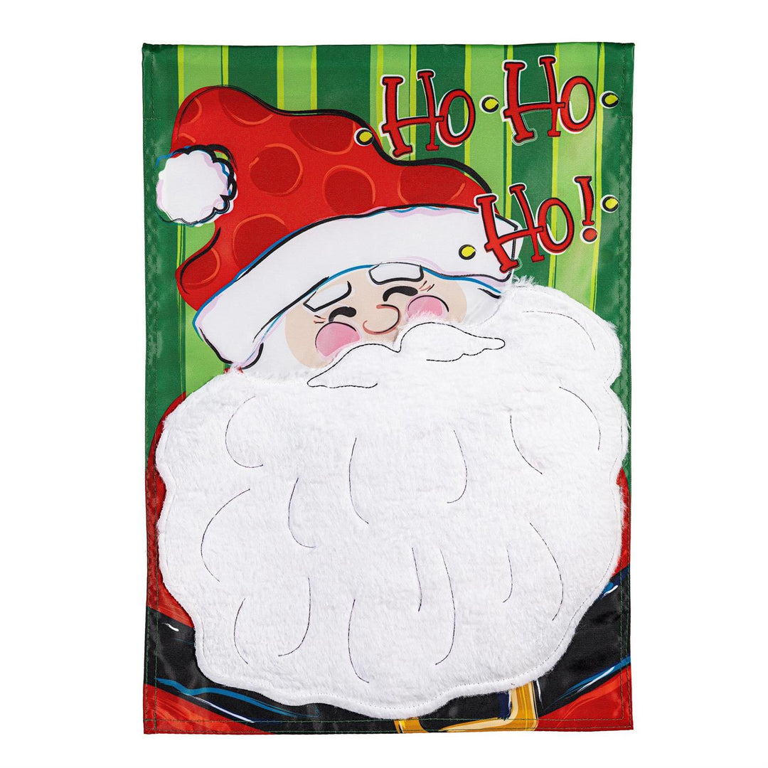 Ho Ho Ho Santa applique garden flag with textured white beard and green striped background