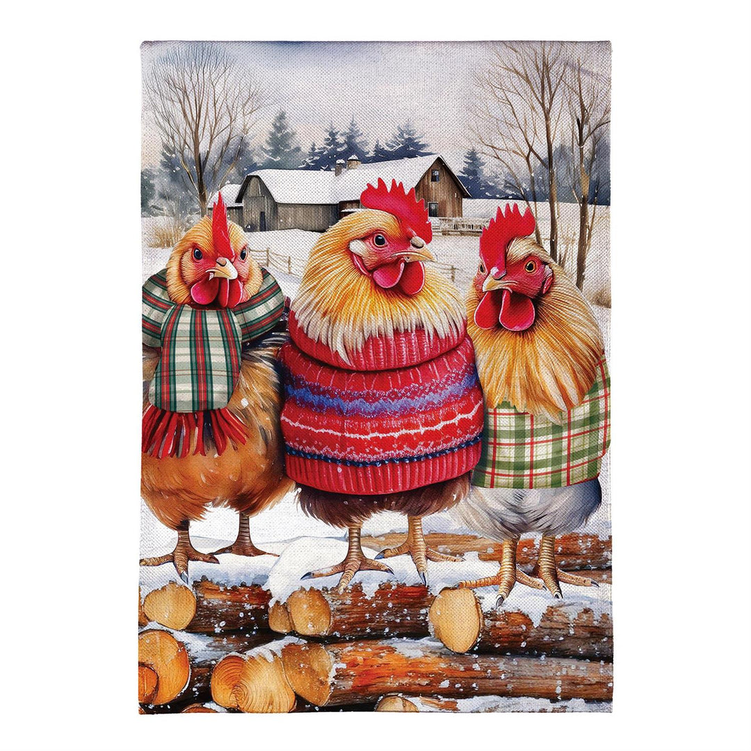 Holly Homestead Cozy Hens garden flag front view