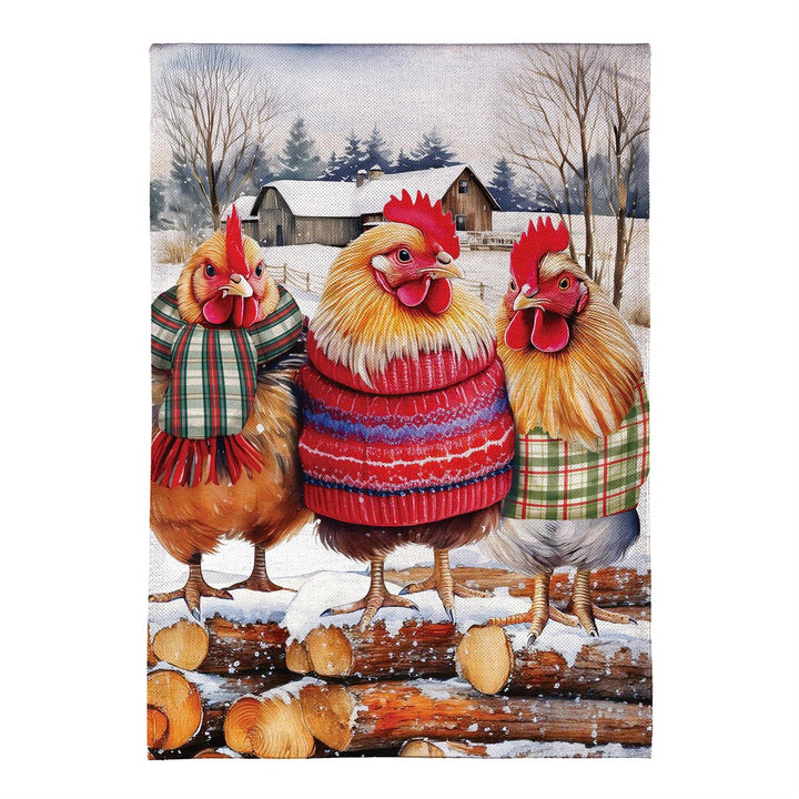 Holly Homestead Cozy Hens garden flag front view