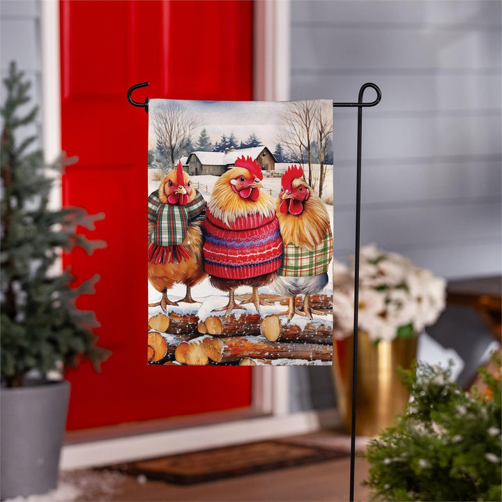 Cozy Hens burlap garden flag on stand by red front door