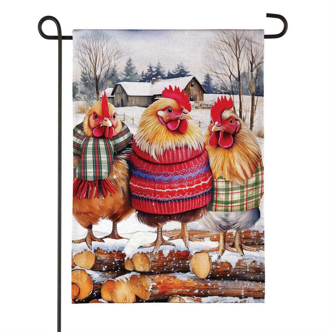 Cozy Hens burlap garden flag on garden stand