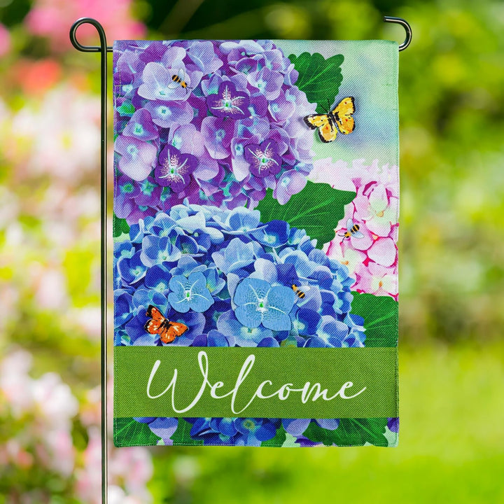 Hydrangea and Butterfly Welcome 2 Sided Garden Flag heartlandflags