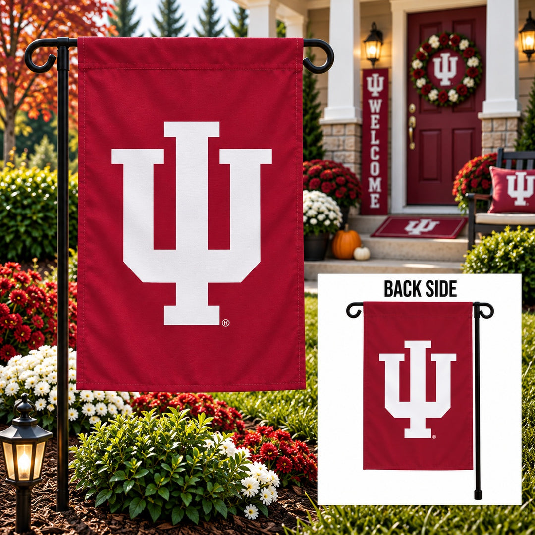 Indiana University crimson garden flag with large white IU logo and inset showing the back-side design