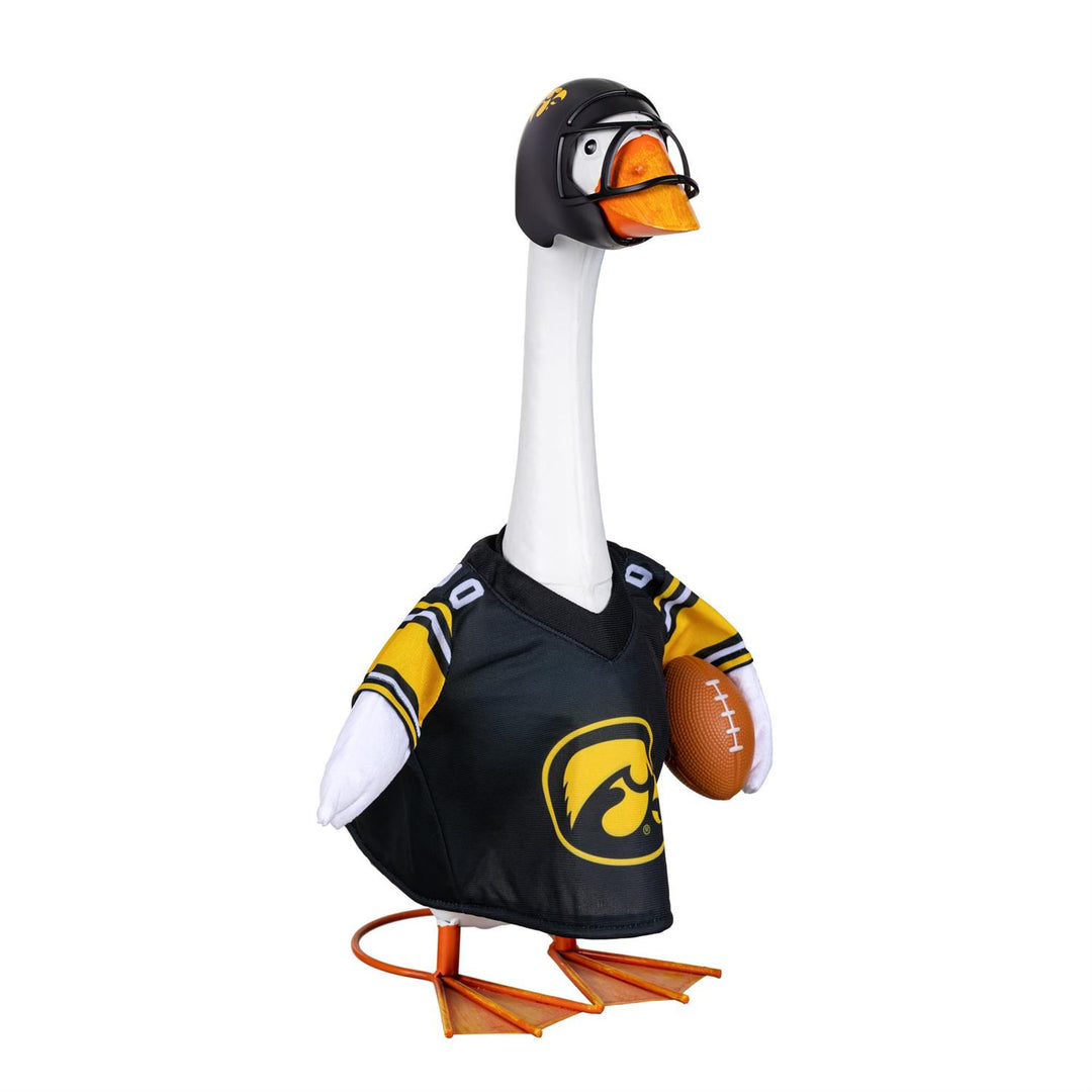 Back of black Iowa Hawkeyes goose jersey and matching helmet shown separately