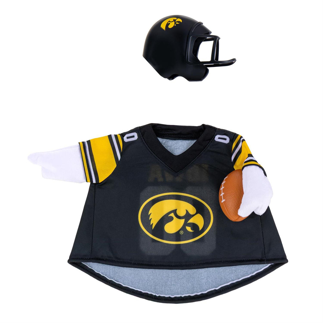 21-inch porch goose wearing Iowa Hawkeyes football outfit beside fall flowers
