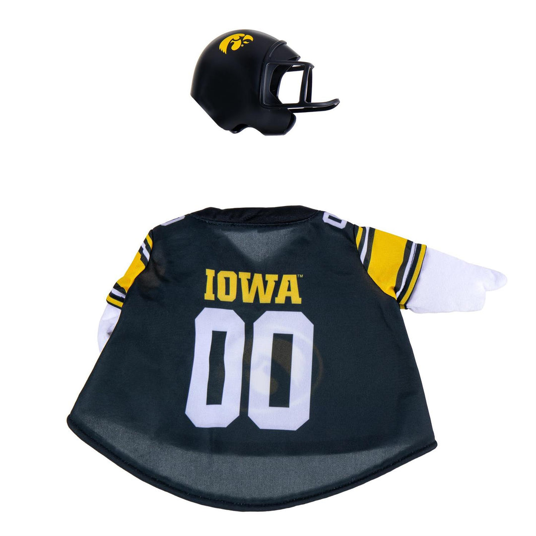 Angled front view of Iowa Hawkeyes porch goose costume with gold logo and football detail