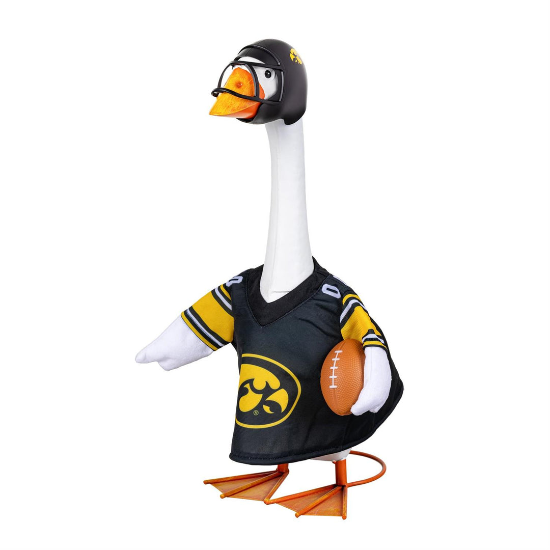 Rear view of Iowa Hawkeyes goose outfit with gold IOWA lettering and white 00