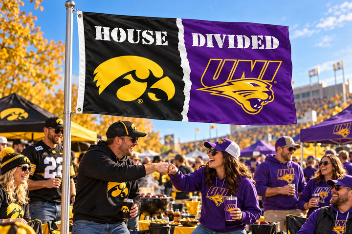 Iowa Hawkeyes vs UNI Panthers House Divided Flag 3x5 Rivalry 2 Sided heartlandflags