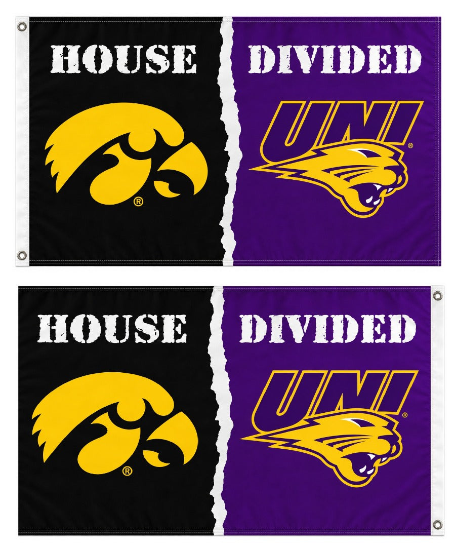Iowa Hawkeyes vs UNI Panthers House Divided Flag 3x5 Rivalry 2 Sided heartlandflags