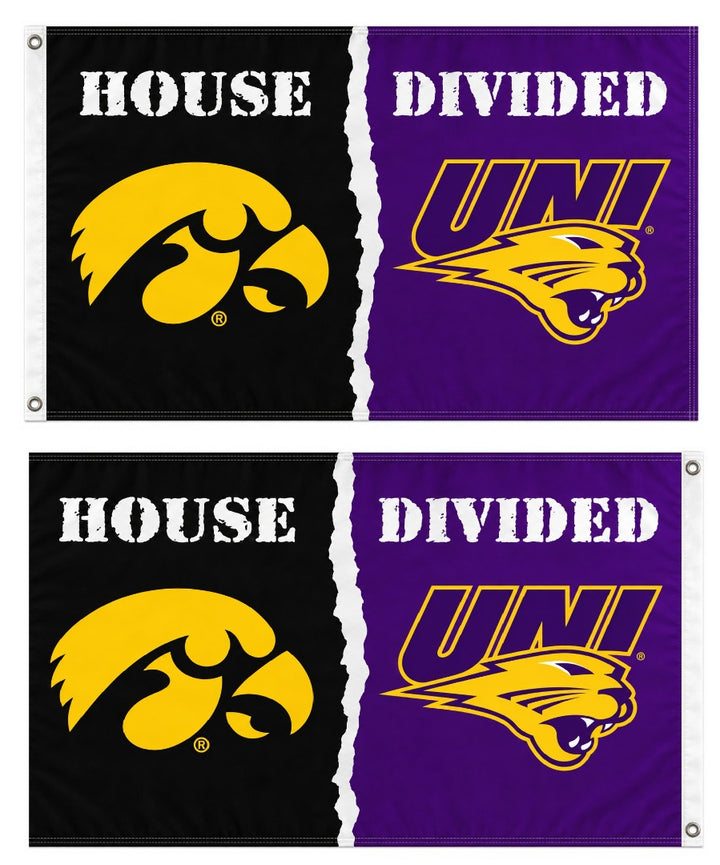 Iowa Hawkeyes vs UNI Panthers House Divided Flag 3x5 Rivalry 2 Sided heartlandflags
