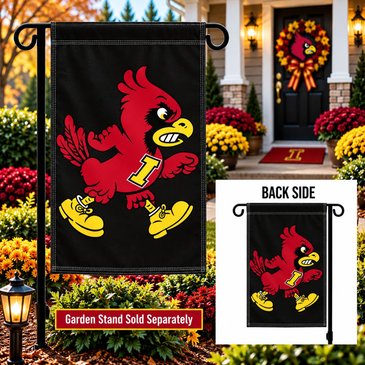 Iowa State Angry Cy black garden flag with cardinal-red mascot, gold shoes, gold beak, and gold I chest detail