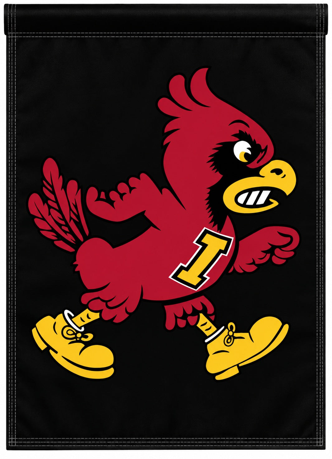Iowa State Angry Cy two-sided black garden flag displayed in a garden with back-side inset; stand sold separately