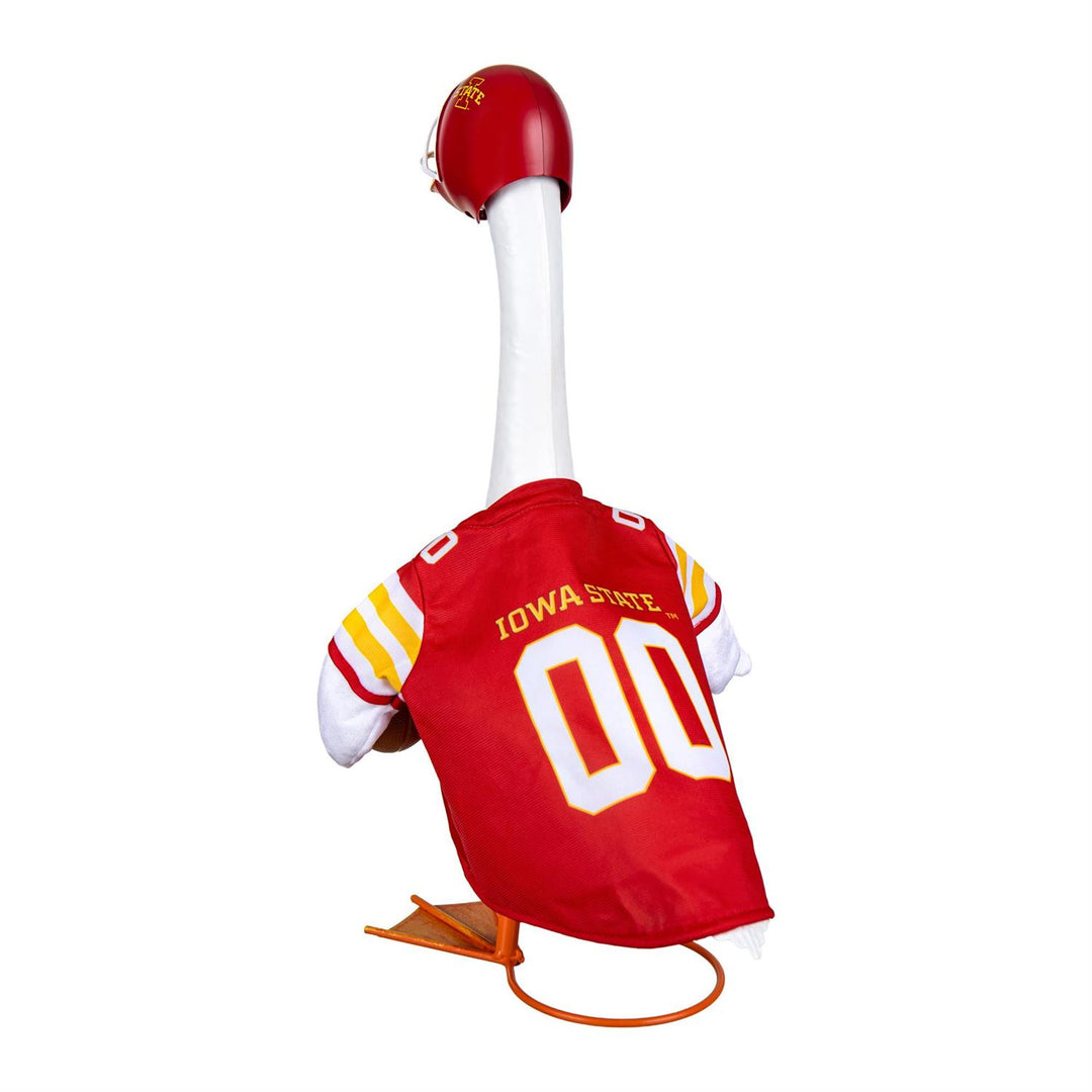 21-inch porch goose wearing Iowa State Cyclones outfit on a porch beside fall flowers