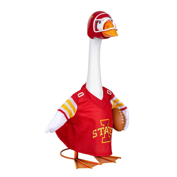 Back of Iowa State Cyclones porch goose outfit showing IOWA STATE lettering and 00
