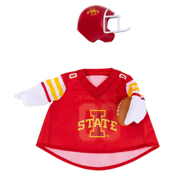 Rear of cardinal Iowa State goose jersey and matching helmet shown separately