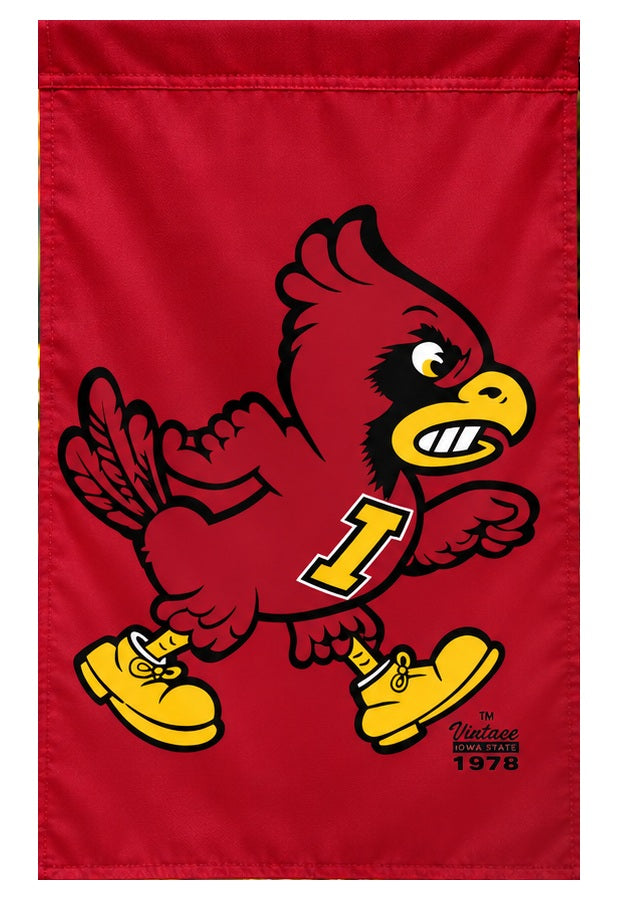 Close-up of Iowa State Cyclones vintage Angry Cy mascot on a cardinal-red 13x18 inch garden flag