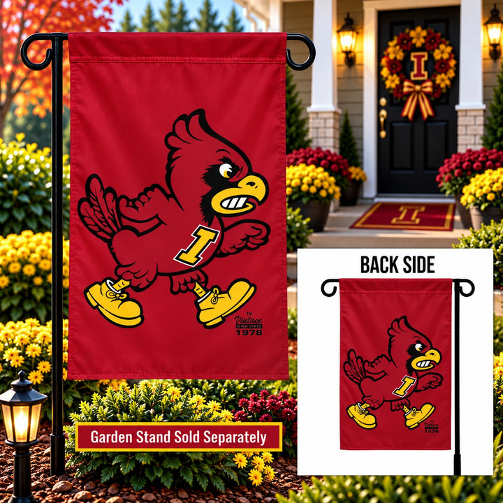 Iowa State Cyclones vintage Angry Cy two-sided red garden flag displayed on a stand with back-side inset; stand sold separately