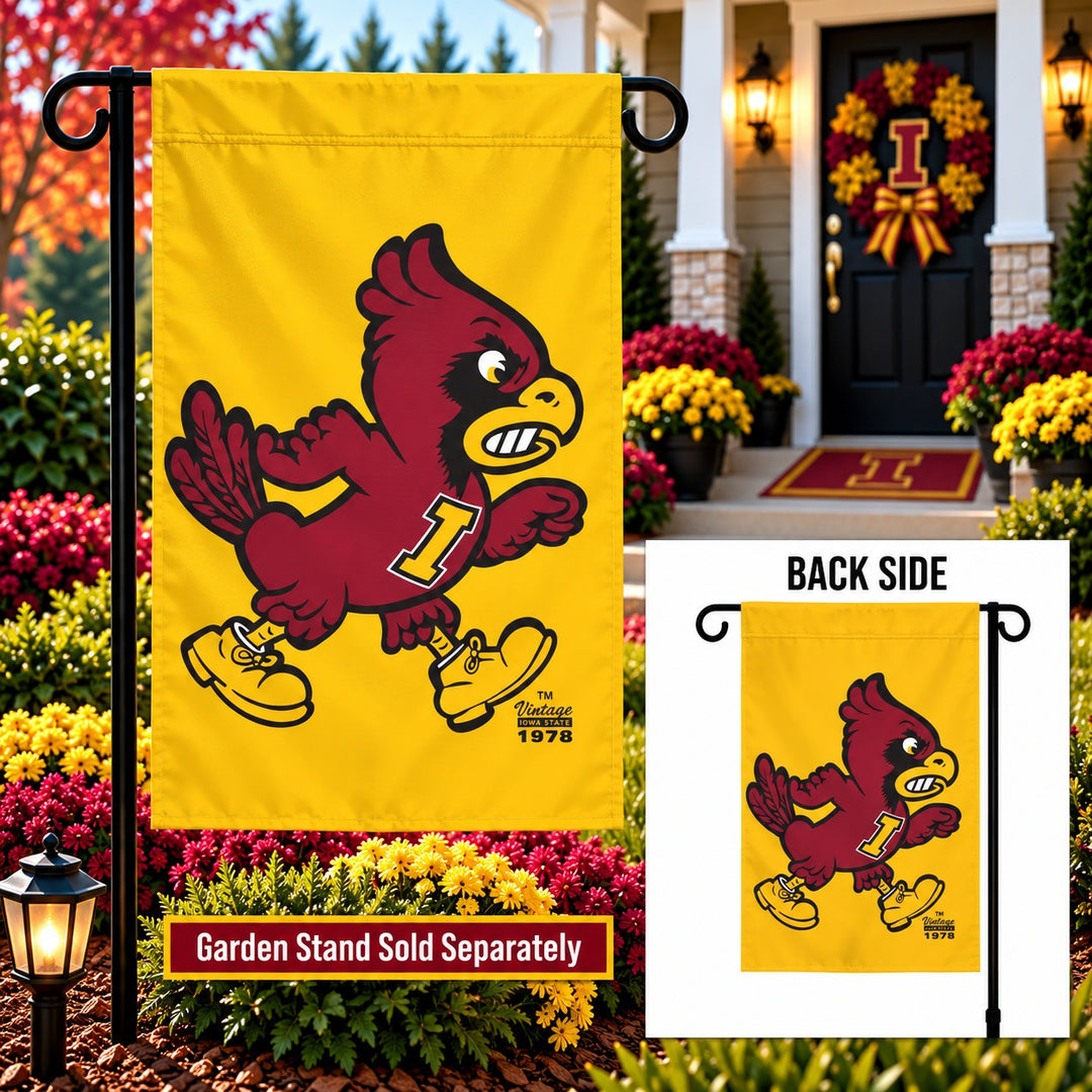 Iowa State vintage mascot garden flag displayed among flowers with back-side inset; garden stand sold separately