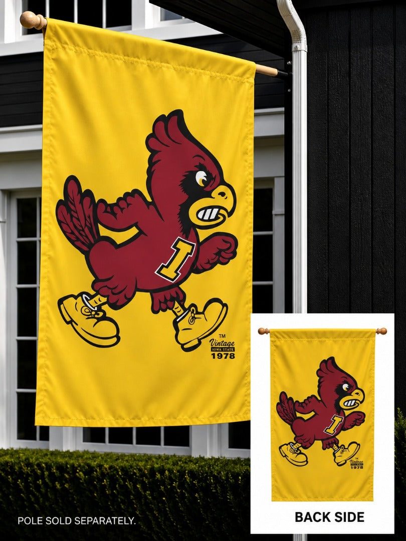 Iowa State Yellow Angry Cy 2 Sided Banner heartlandflags