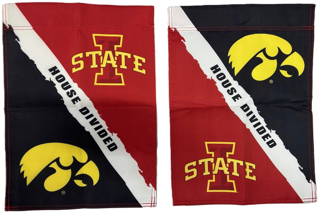 Iowa State vs Iowa House Divided Garden Flag 2 Sided heartlandflags