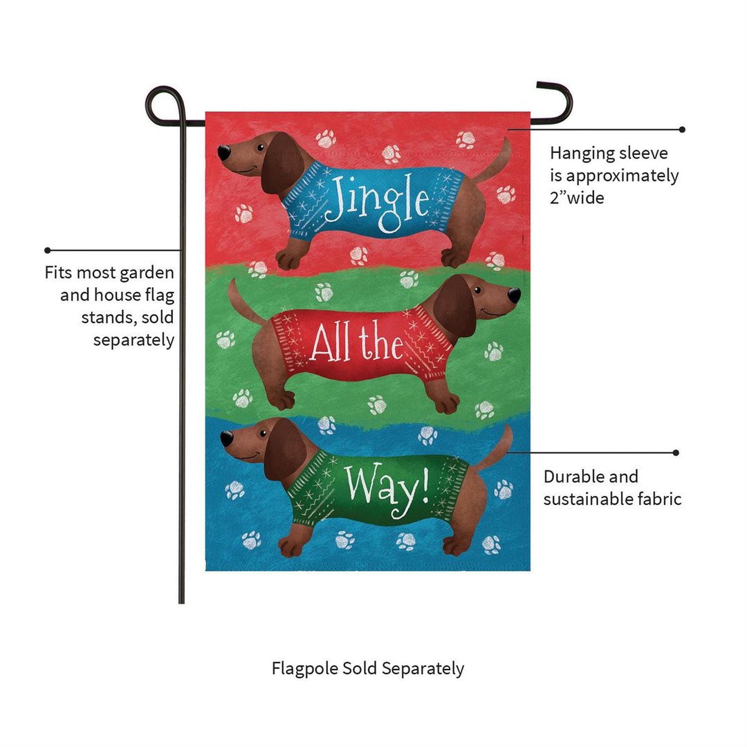 Dachshund garden flag showing approximately 2 inch hanging sleeve and separately sold stand