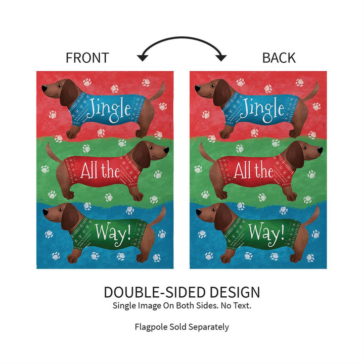 Front and back views showing the Jingle All the Way dachshund flag design