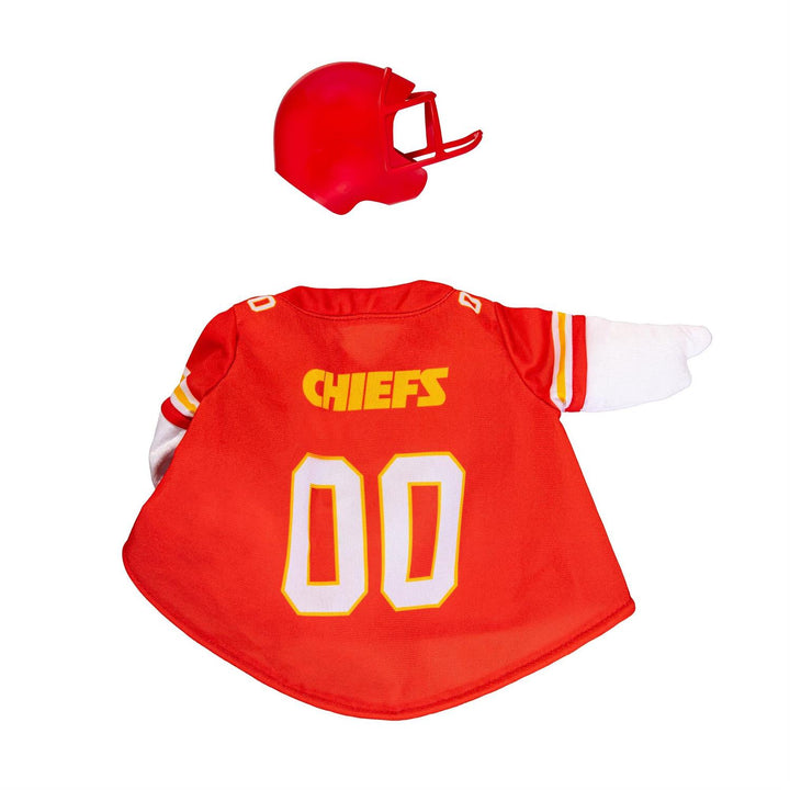 Back of red Kansas City Chiefs goose costume with 00 jersey and helmet