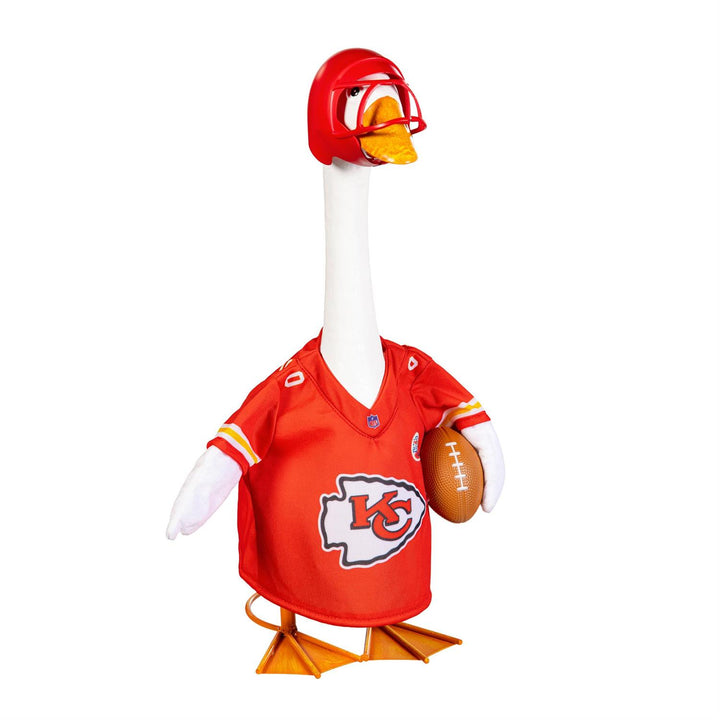 Front of licensed Chiefs porch goose outfit showing arrowhead jersey, red helmet and football accent
