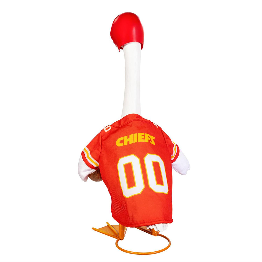 Kansas City Chiefs outfit displayed on a 21-inch porch goose on a fall porch