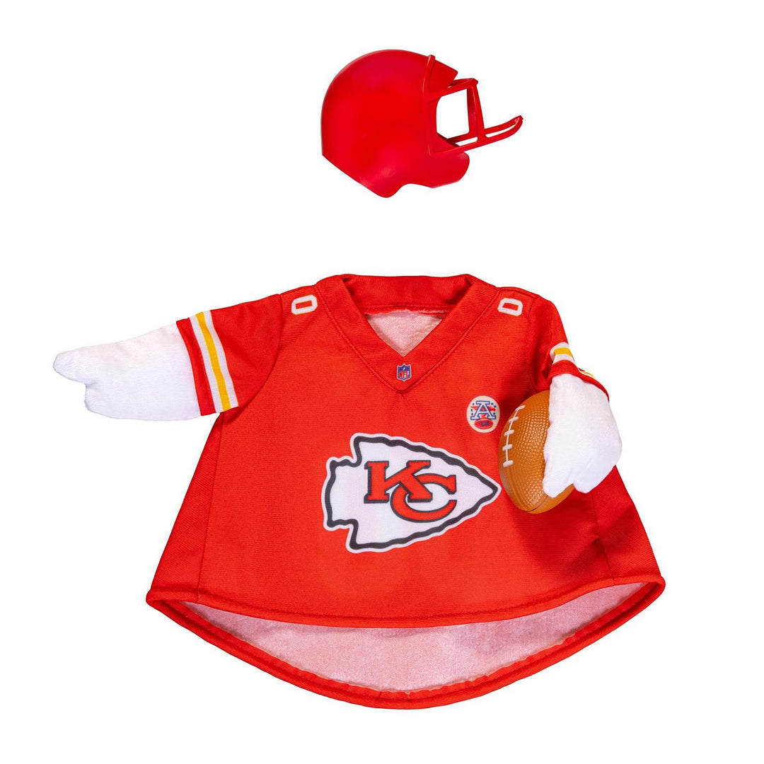 Front angled view of Chiefs porch goose jersey and red football helmet