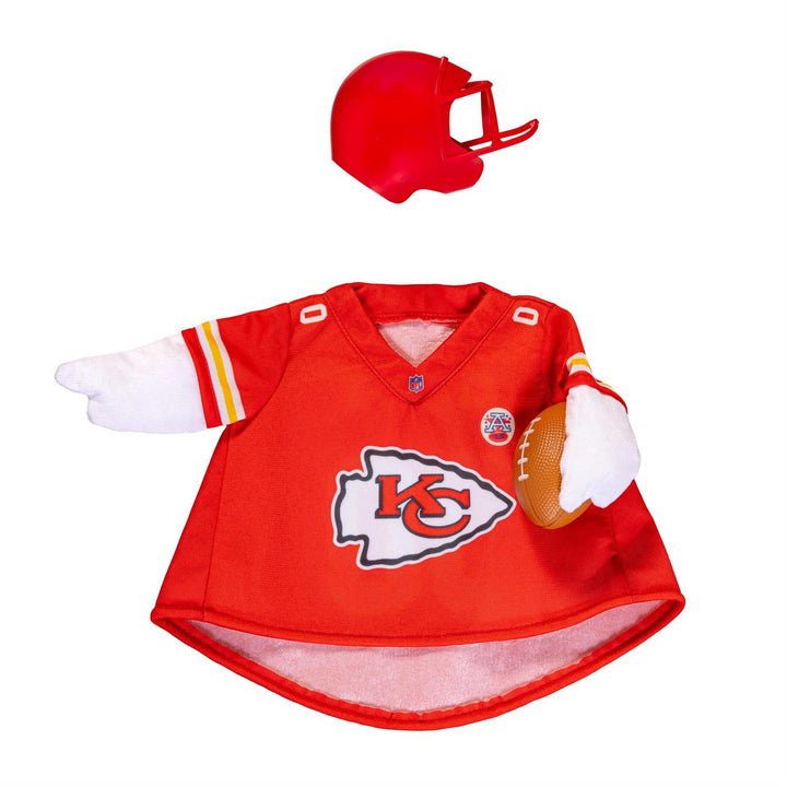 Front angled view of Chiefs porch goose jersey and red football helmet