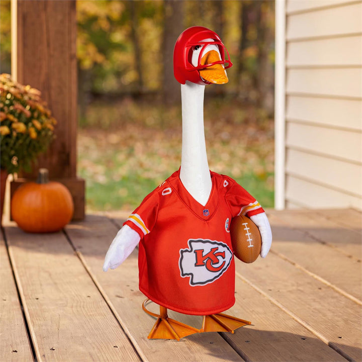 Back view of Kansas City Chiefs porch goose outfit with red jersey, CHIEFS lettering and 00