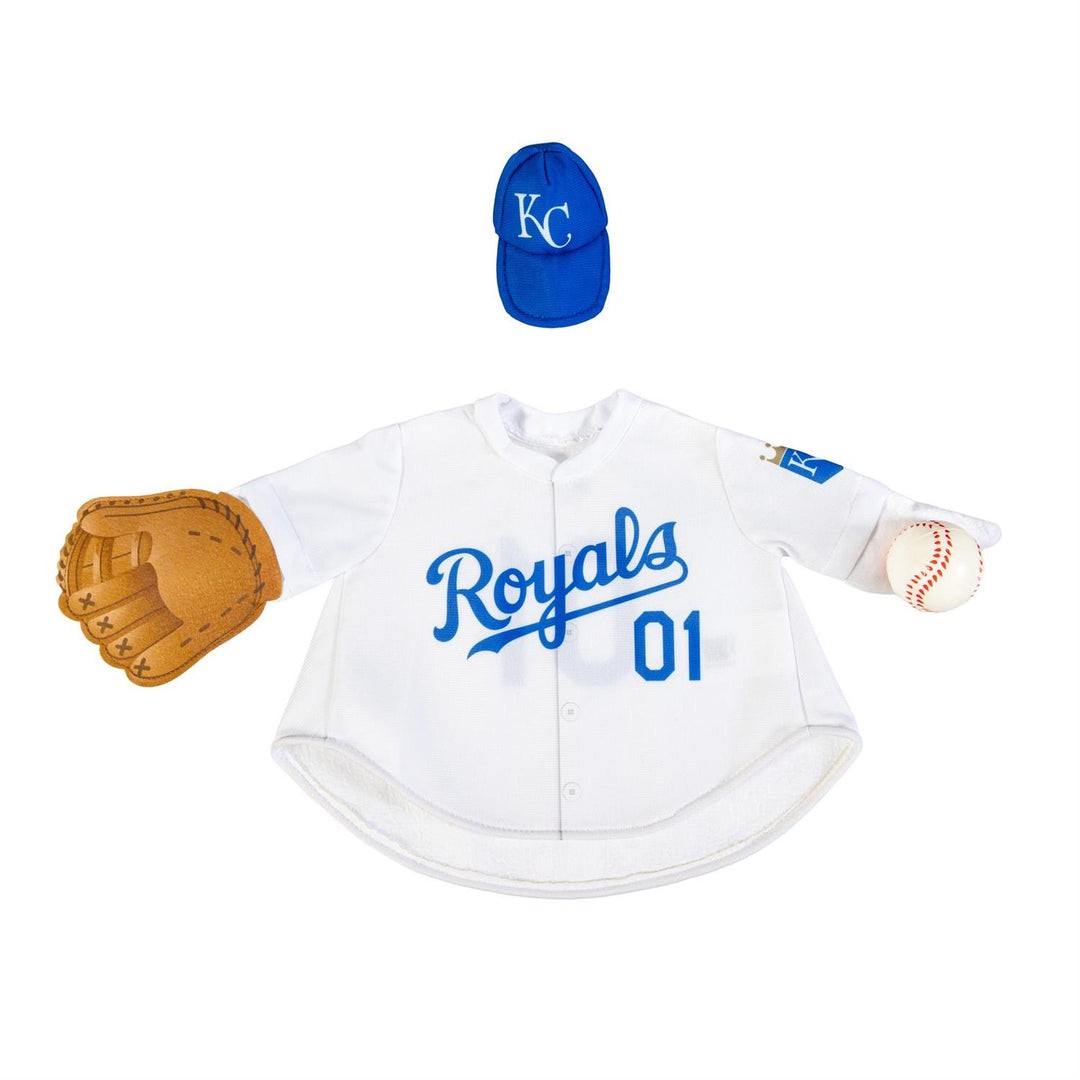 Front view of Royals goose costume with blue Royals lettering and 01