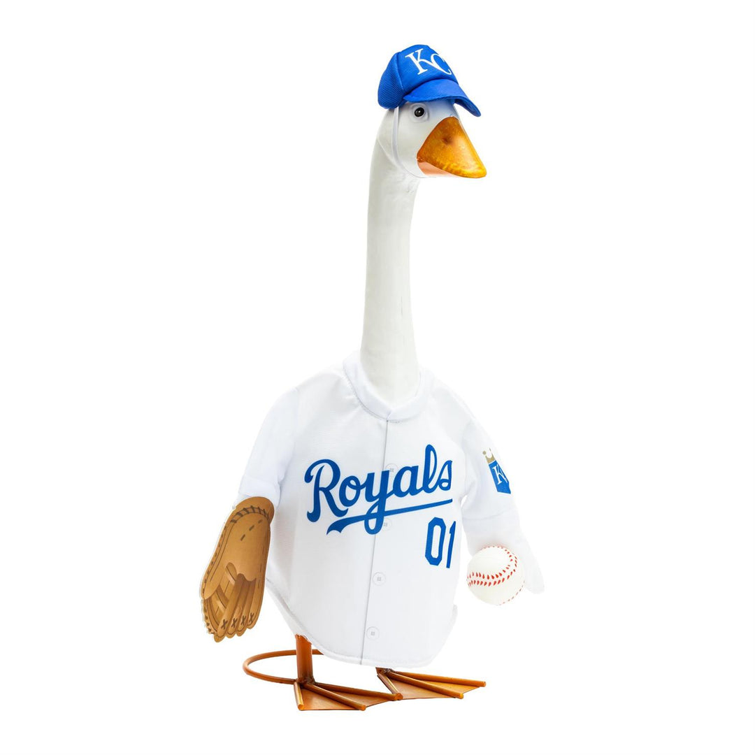 Licensed Kansas City Royals porch goose outfit with white jersey, blue KC cap, glove and baseball accents