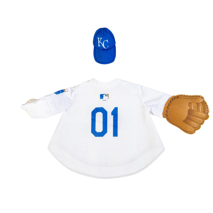 Back of white Royals goose jersey with blue 01 and matching KC cap