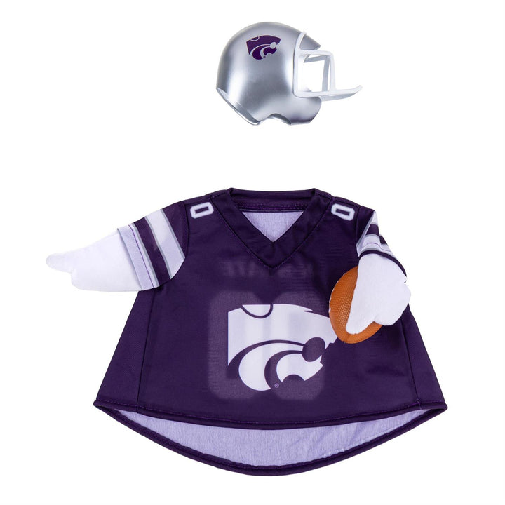 Front angled view of Kansas State goose outfit with white Powercat logo, striped sleeves, and brown football detail