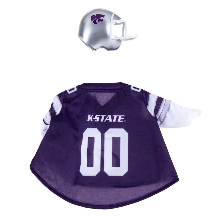 Rear of Kansas State purple jersey outfit with K-STATE 00 design and matching helmet accessory