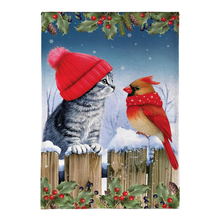 Kitten & Cardinal Winter Friends burlap garden flag front view